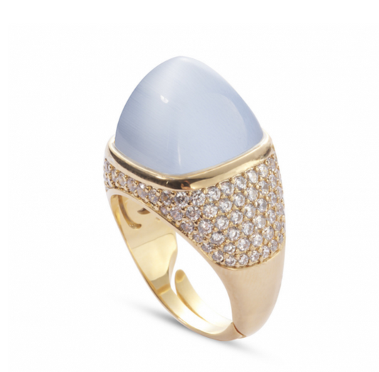 Anello Boccadamo Donna Bronzo Col. Argento Pave' Zirconi Piramidale Agata Azzurro _KAN002DF