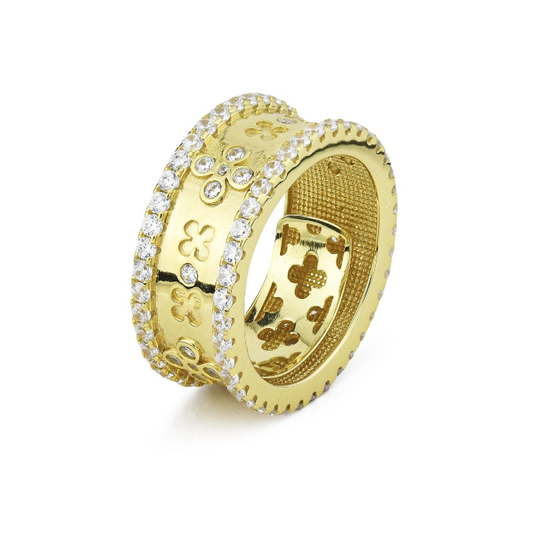 Anello Regolabile Boccadamo Donna Bronzo Floreale Doppia Corona Zirconi _XAN211DG