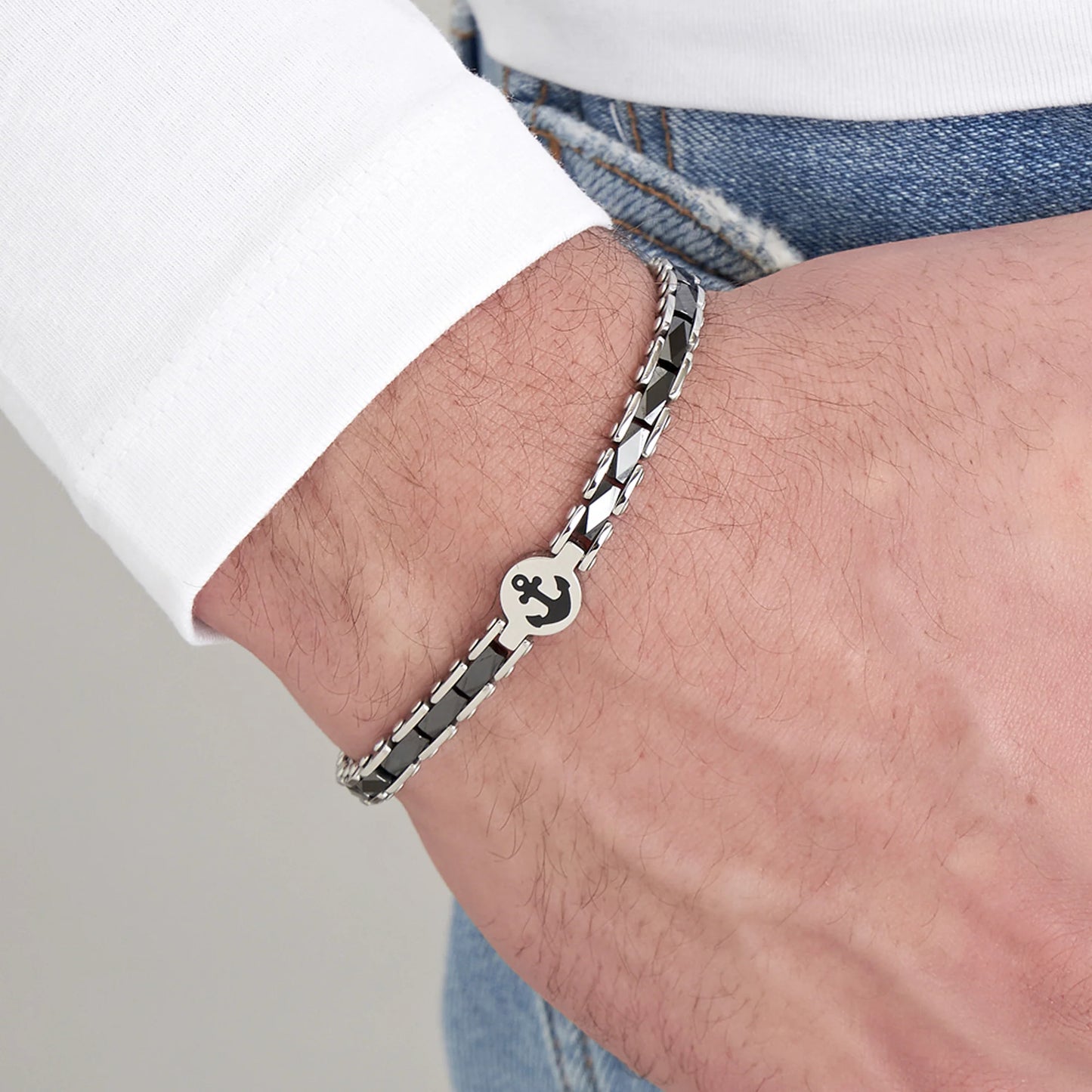 Luca Barra Herren-Armband aus Stahl mit schwarzen Achatsteinen _BA1869 