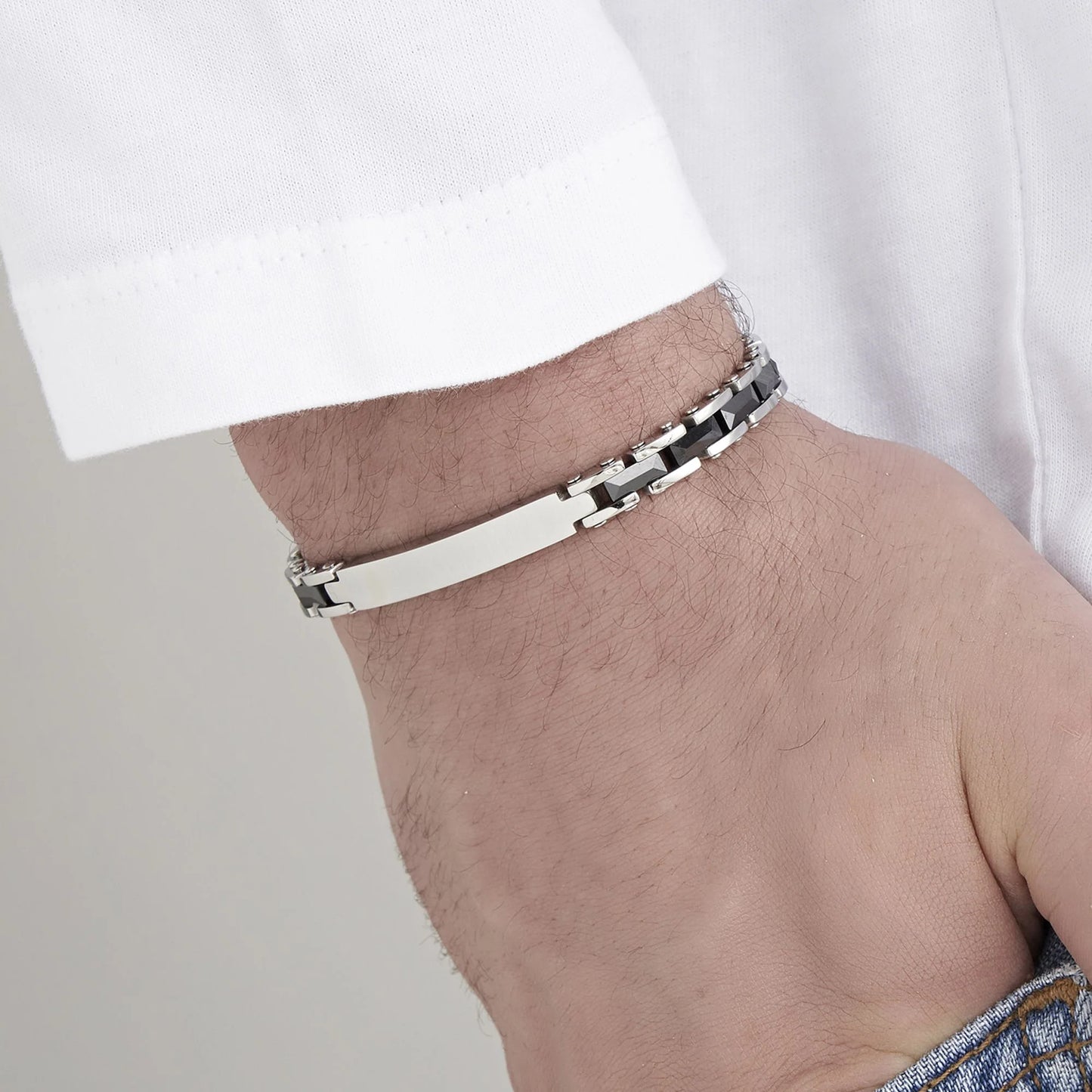 Luca Barra Herren-Armband aus Stahl mit schwarzen Achatsteinen _BA1869 