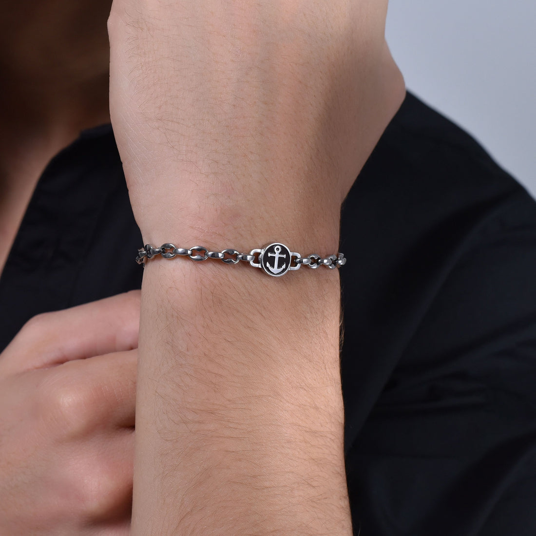 Bracciale Luca Barra Uomo Acciaio Centrale Smaltato Nero Ancora _BA1723