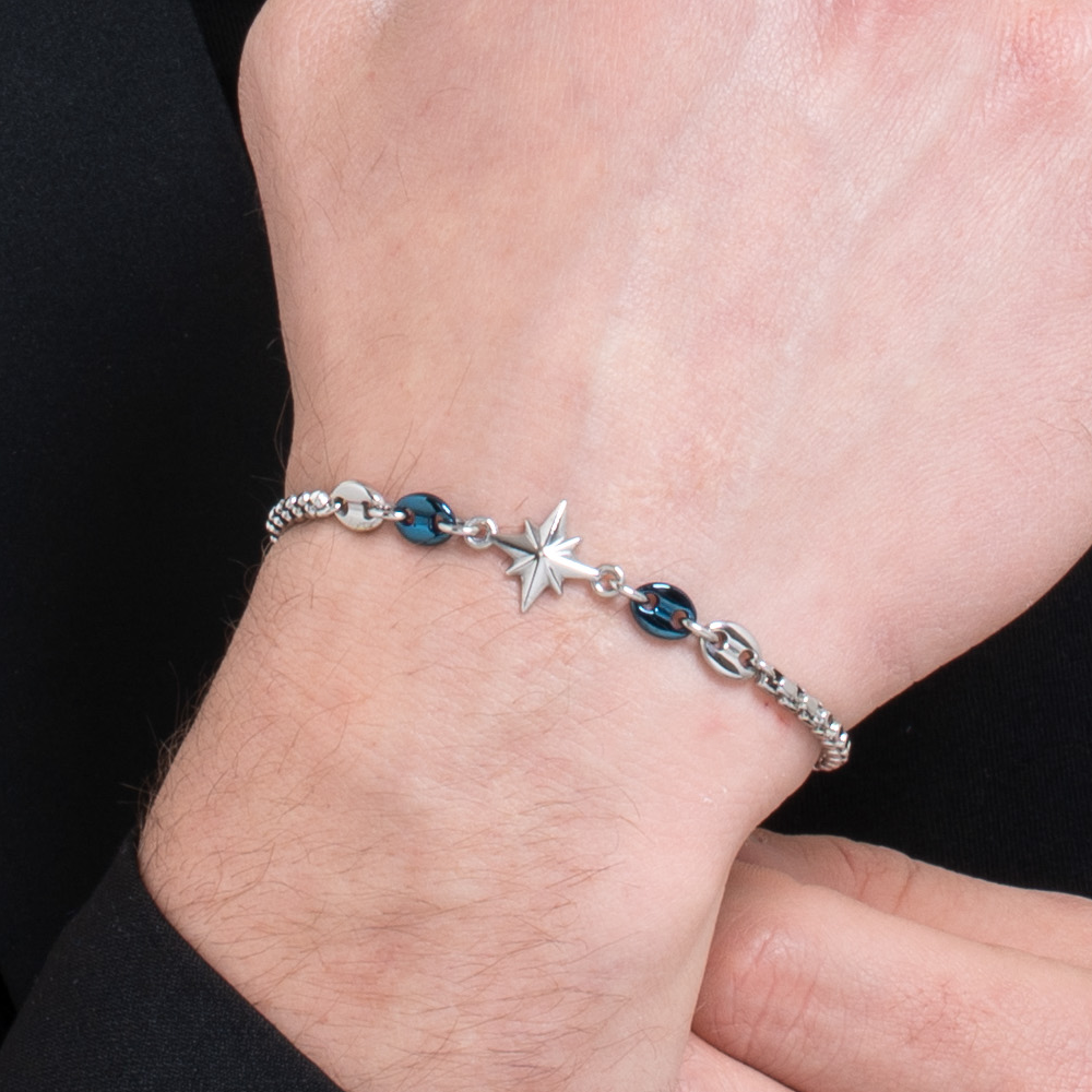 Bracciale Luca Barra Uomo Acciaio Centrale Rosa dei Venti ed Elementi Blu _BA1874