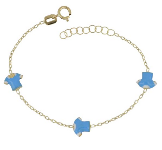 Bracciale Bambino Oro Giallo Catenina Sottile Modello Rolo' 3 Magliettine Scatolate Smaltate Azzurro Bianco BR011