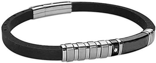 Bracciale Boccadamo Uomo Caucciù Nero Acciaio e Pvd Zircone bianco incastonato ABR593N