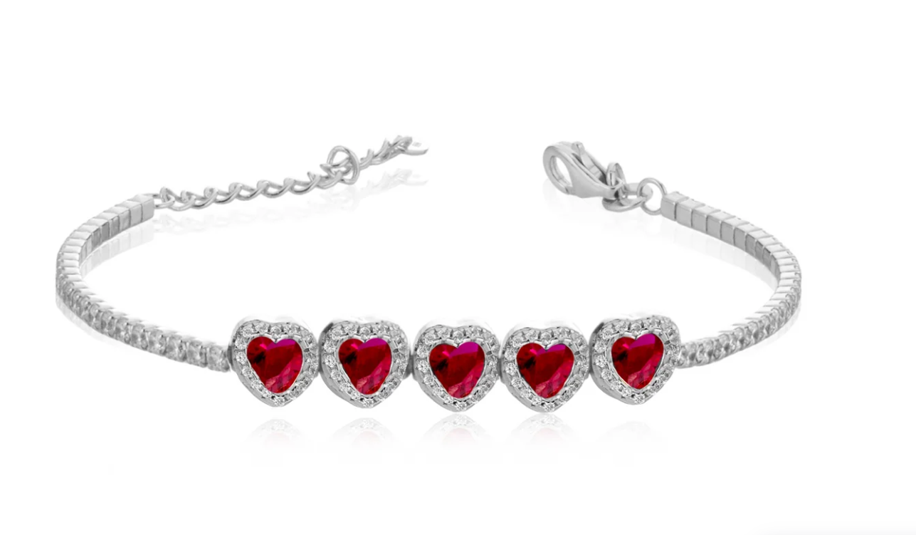 Bracciale Le Scritte dell'Amore Donna Argento 925 Modello Tennis 5 Cuori Rossi _LSB22