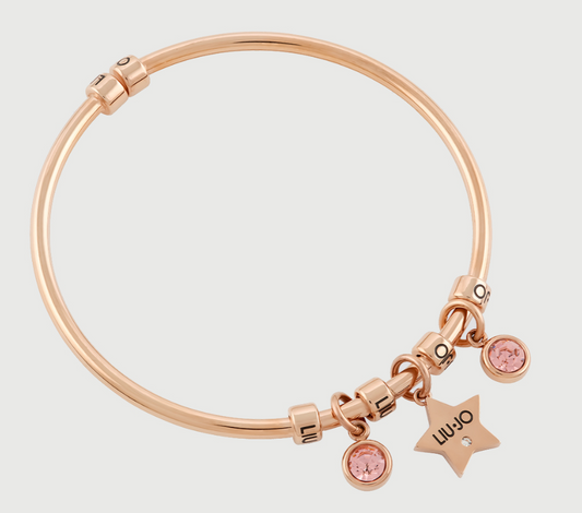 Bracciale Liu Jo Donna Acciaio Rigido Ramato Pendente Stella Logo e Pietre Rosa _LJ1645