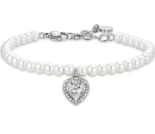 Bracciale Luca Barra Donna Acciaio Perle e cuore con zircone Bianco BK2663