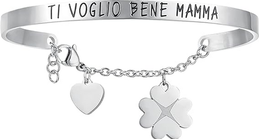 Bracciale Luca Barra Donna Acciaio Rigido Ciondolo Quadrifoglio Dedica Per La Mamma BK2031