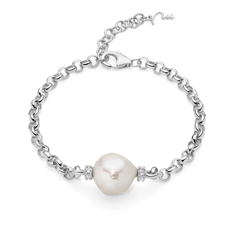 Bracciale Miluna Donna Argento 925 Perla Bianca Barocca 12-14 mm Topazi Bianchi Naturali 0,40ct _PBR3547B