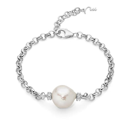 Bracciale Miluna Donna Argento 925 Perla Bianca Barocca 12-14 mm Topazi Bianchi Naturali 0,40ct _PBR3547B
