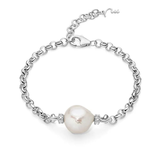 Bracciale Miluna Donna Argento 925 Perla Bianca Barocca 12-14 mm Topazi Bianchi Naturali 0,40ct _PBR3547B