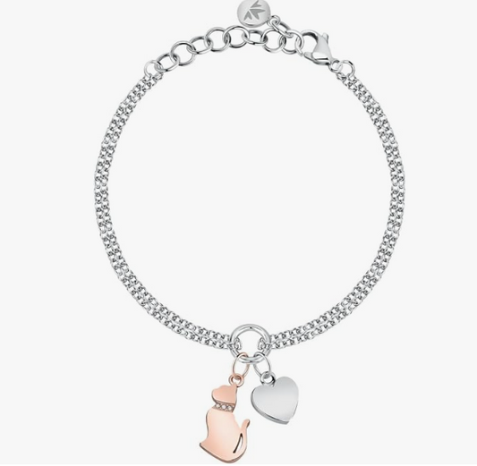 Bracciale Morellato Donna Acciaio Argento Mascotte Gatto Rame Cristalli e Cuore SAVL11