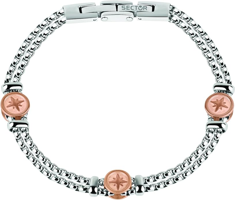 Bracciale Sector Uomo Acciaio Doppio Filo Argento Inserti Circolari Rame Rosa Venti SADQ35