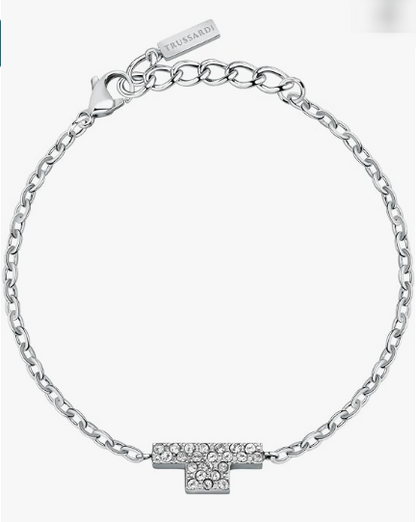 Bracciale Trussardi Donna Acciaio Argento Pendente T-Logo  Zircon Catena Stretta TJAXC30