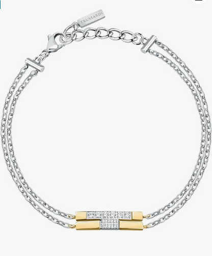 Bracciale Trussardi Donna Acciaio Argento T-Logo Zirconi Oro Doppio Filo TJAXC27