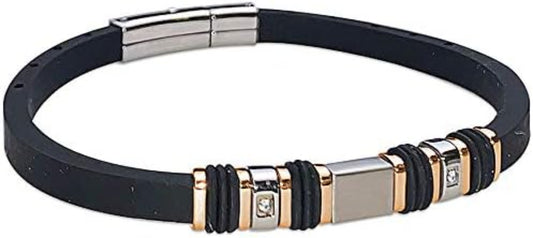 Bracciale Boccadamo Uomo Caucciù Nero Acciaio Pvd Oro Rosa Zirconi _ABR590R