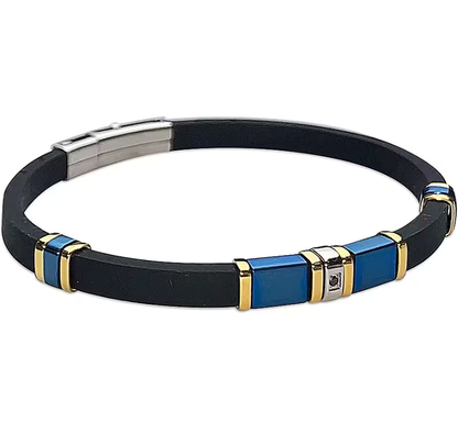 Bracciale Boccadamo Uomo Caucciù Nero Inserti Acciaio Blu e Oro _ABR592B
