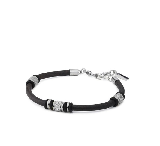 Bracciale Boccadamo Uomo Pelle Marrone Inserti Acciaio Fermagli Neri Gomma _ABR717
