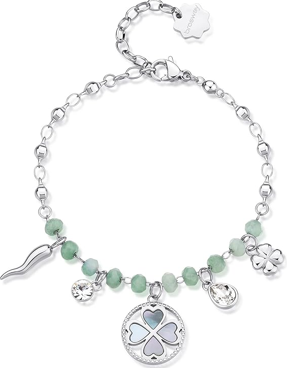 Bracciale Brosway CHAKRA Donna Acciaio Silver Calcedonio Verde Ciondoli Fortuna _BHKB135