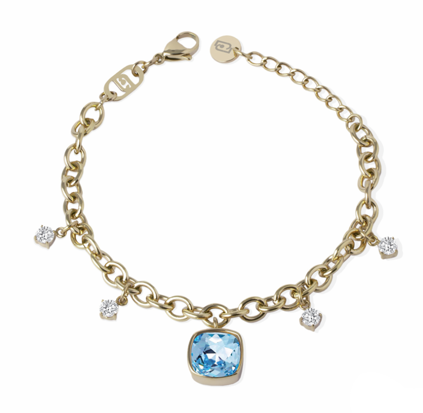 Bracciale Donna Acciaio Dorato Ciondolo Pietra Azzurra e Zirconi Bianchi _LJ2889