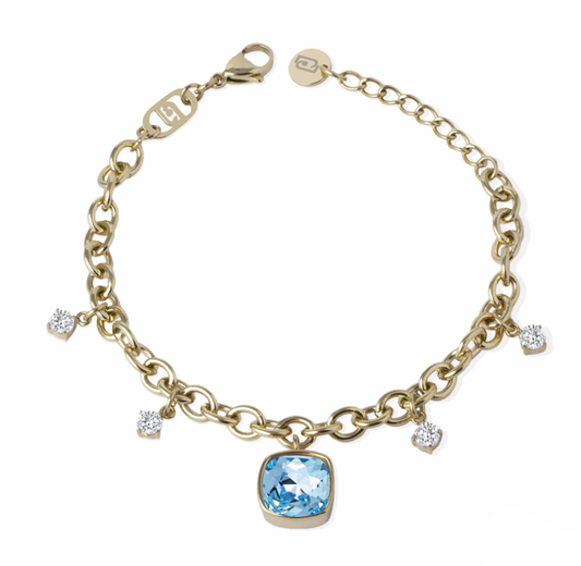 Bracciale Donna Acciaio Dorato Ciondolo Pietra Azzurra e Zirconi Bianchi _LJ2889