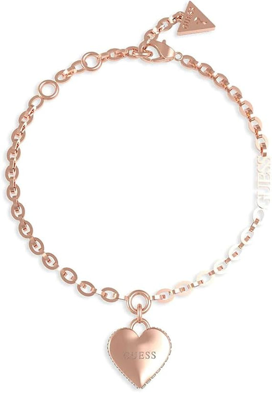 Bracciale Guess Donna Acciaio Oro Rosa Ciondolo Cuore Cristalli Bianchi _JUBB02
