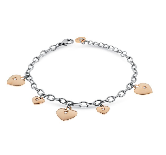 Bracciale LIU JO Donna Acciaio Argentato Cuori Color Rame pendenti con Zirconi Incastonati _LJ2324