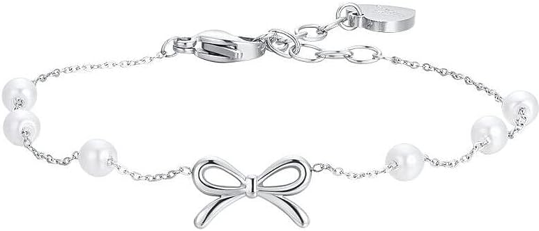 Bracciale Luca Barra Acciaio Maglia Sottile Perle  e Fiocco Centrale _BK2732
