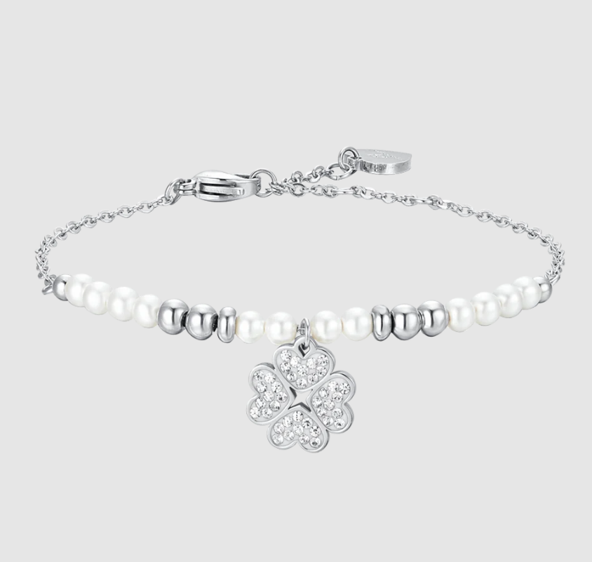 Bracciale Luca Barra Acciaio Perle e Sfere Argentate Ciondolo Quadrifoglio Cristalli _BK2620