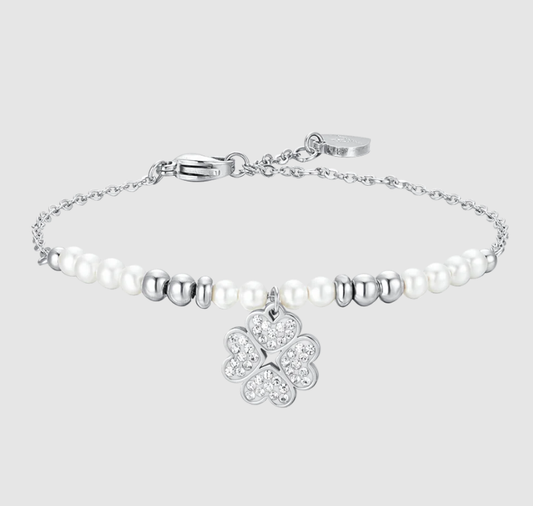 Bracciale Luca Barra Acciaio Perle e Sfere Argentate Ciondolo Quadrifoglio Cristalli _BK2620