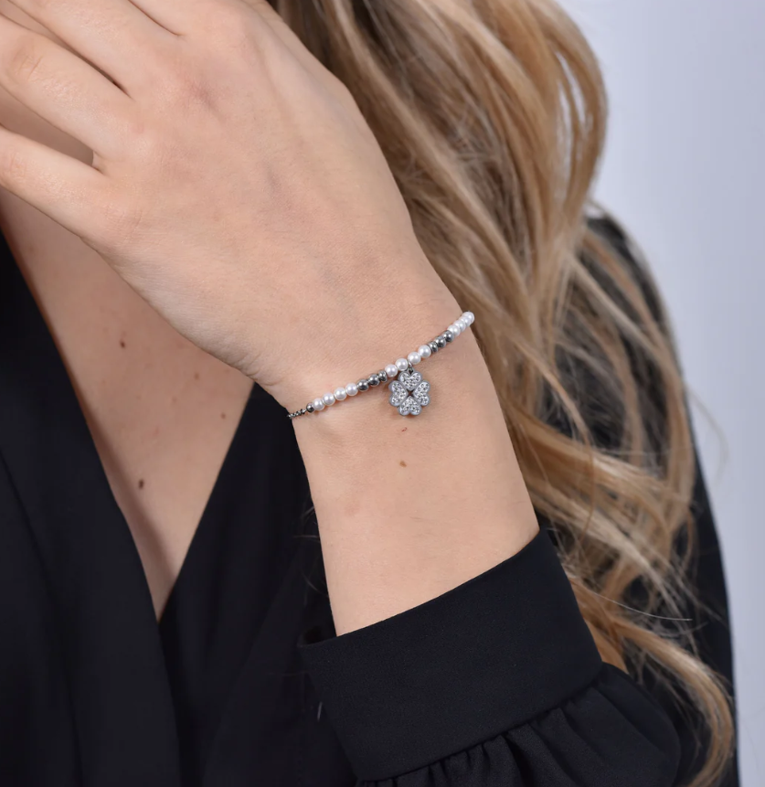 Bracciale Luca Barra Acciaio Perle e Sfere Argentate Ciondolo Quadrifoglio Cristalli _BK2620