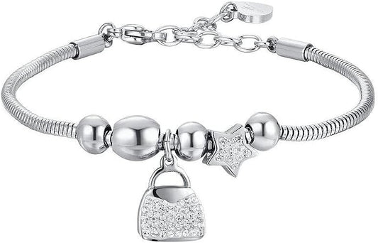 Bracciale Luca Barra Donna Acciaio Argentata Ciondolo Borsetta Cristalli _BK2702