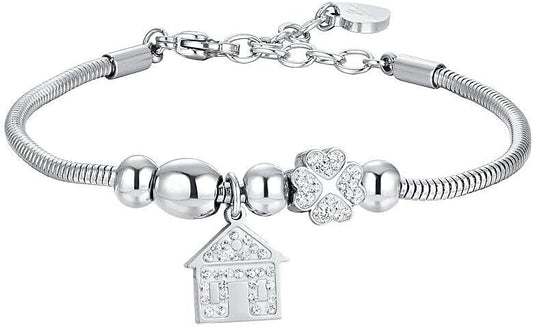 Bracciale Luca Barra Donna Acciaio Argentata Ciondolo Casetta Cristalli _BK2703