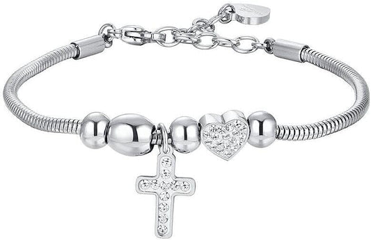 Bracciale Luca Barra Donna Acciaio Argentata Ciondolo Croce Cristalli _BK2700