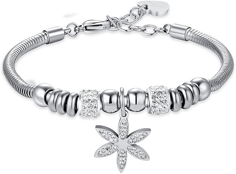 Bracciale Luca Barra Donna Acciaio Argentata Ciondolo Fiore Cristalli _BK2333