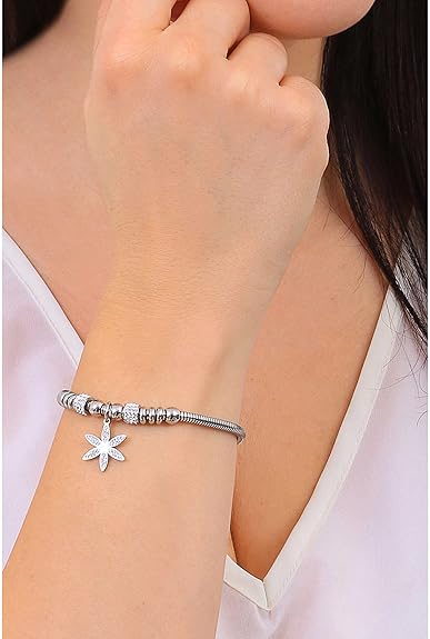 Bracciale Luca Barra Donna Acciaio Argentata Ciondolo Fiore Cristalli _BK2333