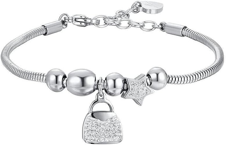 Bracciale Luca Barra Donna Acciaio Ciondolo Borsetta Cristalli _BK2702