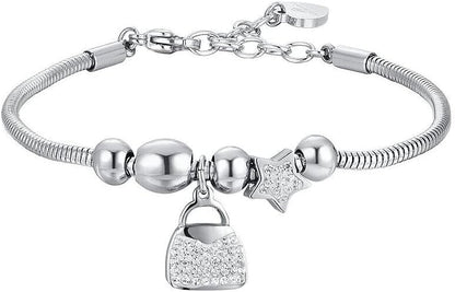 Bracciale Luca Barra Donna Acciaio Ciondolo Borsetta Cristalli _BK2702