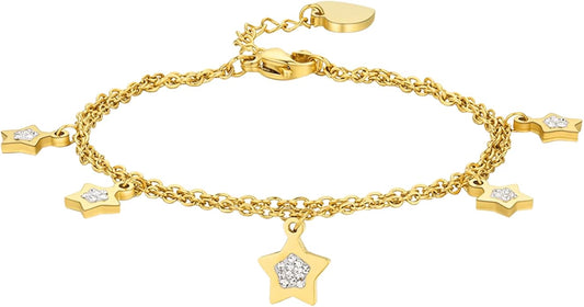 Luca Barra Damenarmband aus vergoldetem Stahl mit Doppelstrang und weißen Kristallsternen _BK2060 