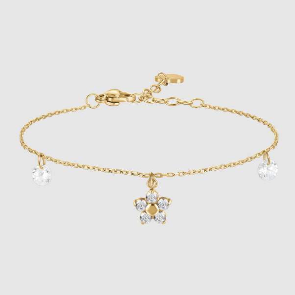 Bracciale Luca Barra Donna Acciaio Gold Ciondolo Fiore Zirconi Bianchi _BK2860
