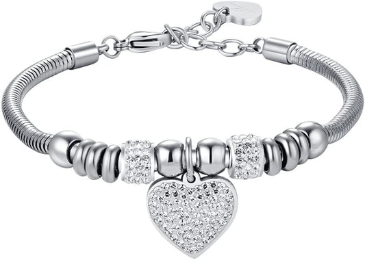 Bracciale Luca Barra Donna Acciaio Pendete Cuore Cristalli Bianchi _BK2334