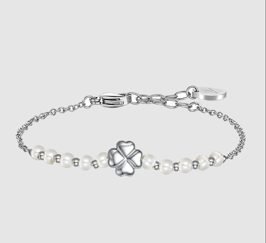Bracciale Luca Barra Donna Acciaio Perle Bianche e Quadrifoglio Centrale _BK2747