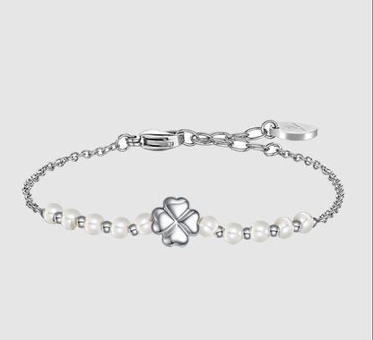 Bracciale Luca Barra Donna Acciaio Perle Bianche e Quadrifoglio Centrale _BK2747