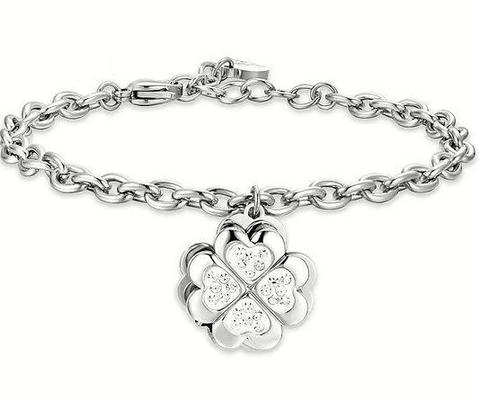 Bracciale Luca Barra Donna Acciaio Quadrifoglio Girevole Cristalli Bianchi _BK2669