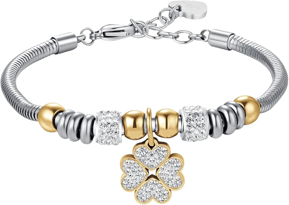Bracciale Luca Barra Donna Acciaio Silver e Gold Ciondolo Quadrifoglio _BK2337