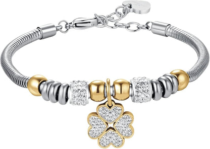 Bracciale Luca Barra Donna Acciaio Silver e Gold Ciondolo Quadrifoglio _BK2337