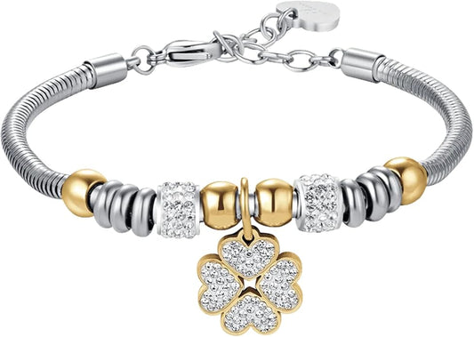 Bracciale Luca Barra Donna Acciaio Silver e Gold Ciondolo Quadrifoglio _BK2337