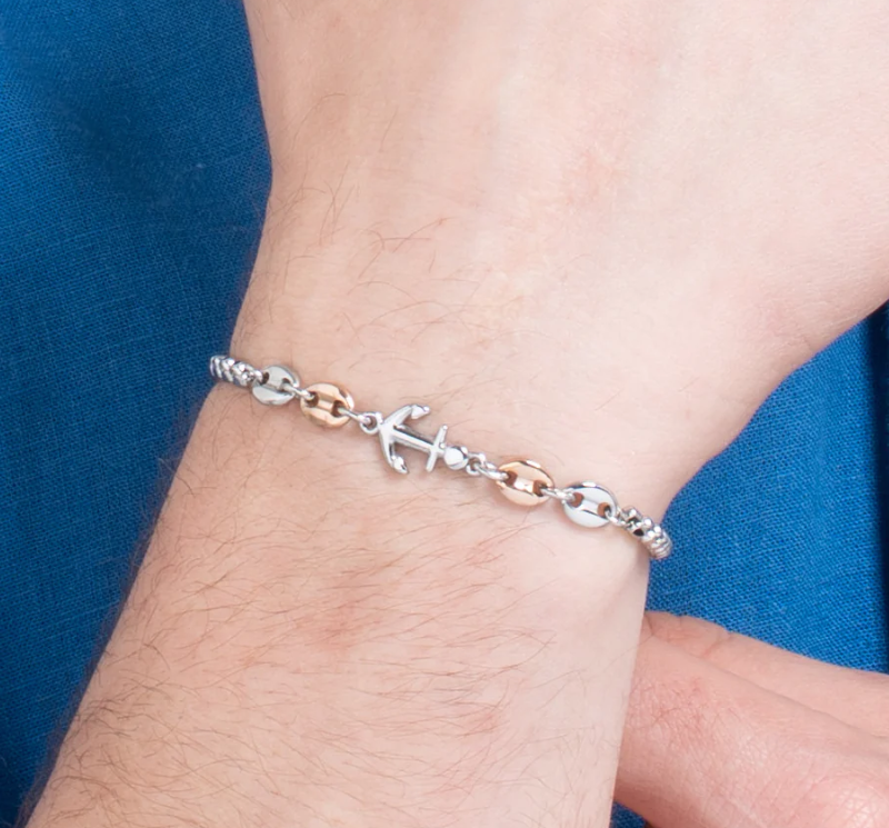 Bracciale Luca Barra Uomo Acciaio Centrale Ancora Elementi IP Rosa _BA1877