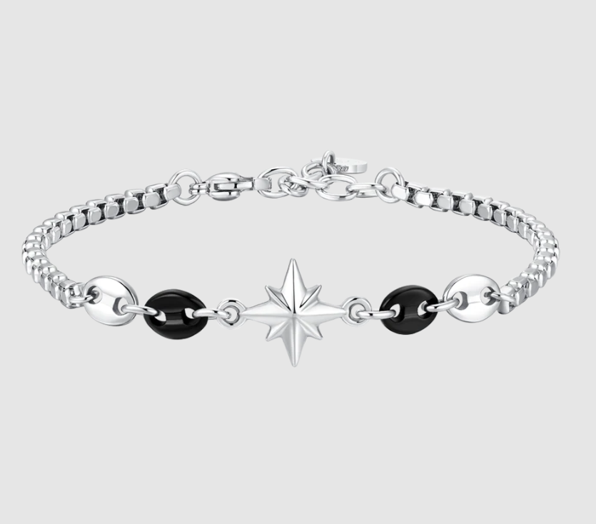 Bracciale Luca Barra Uomo Acciaio Centrale Rosa dei Venti ed Elementi  Neri _BA1873