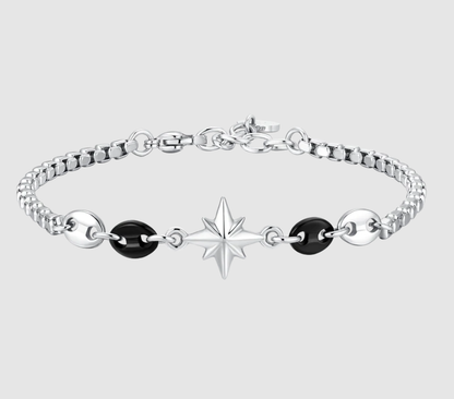 Bracciale Luca Barra Uomo Acciaio Centrale Rosa dei Venti ed Elementi  Neri _BA1873